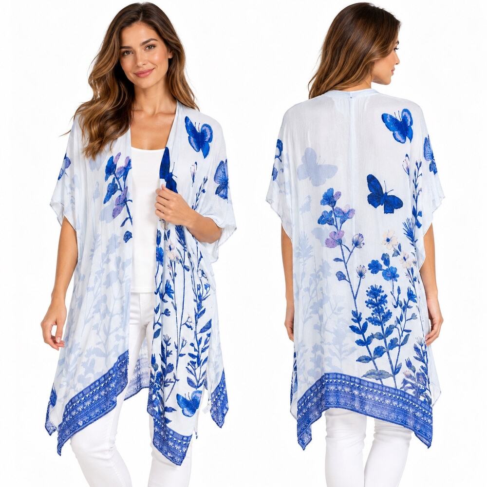 Modena One Size Blue White Butterfly Floral Kimono Ruana Wrap 100% Viscose